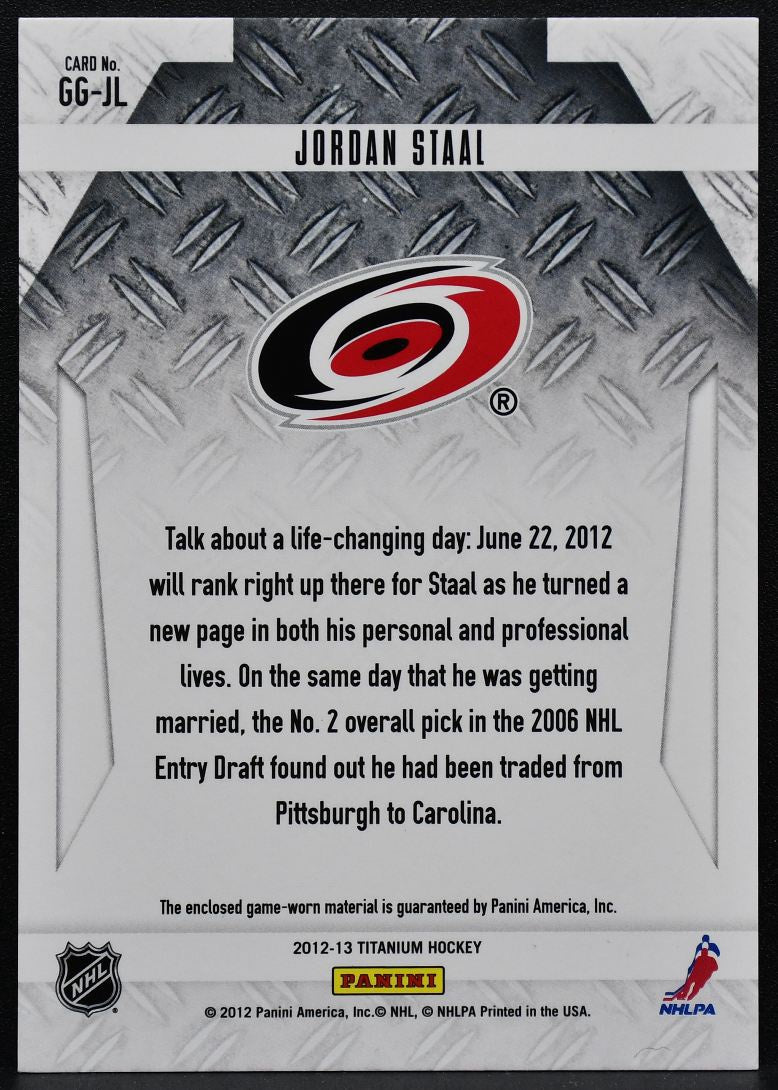 2012-13 Panini Titanium Game-Worn Gear Jordan Staal GG-JL Hurricanes Jersey 3428