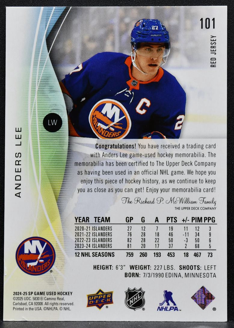 2024-25 SP Game Used Red Jersey Anders Lee 101 New York Islanders Jersey 3871