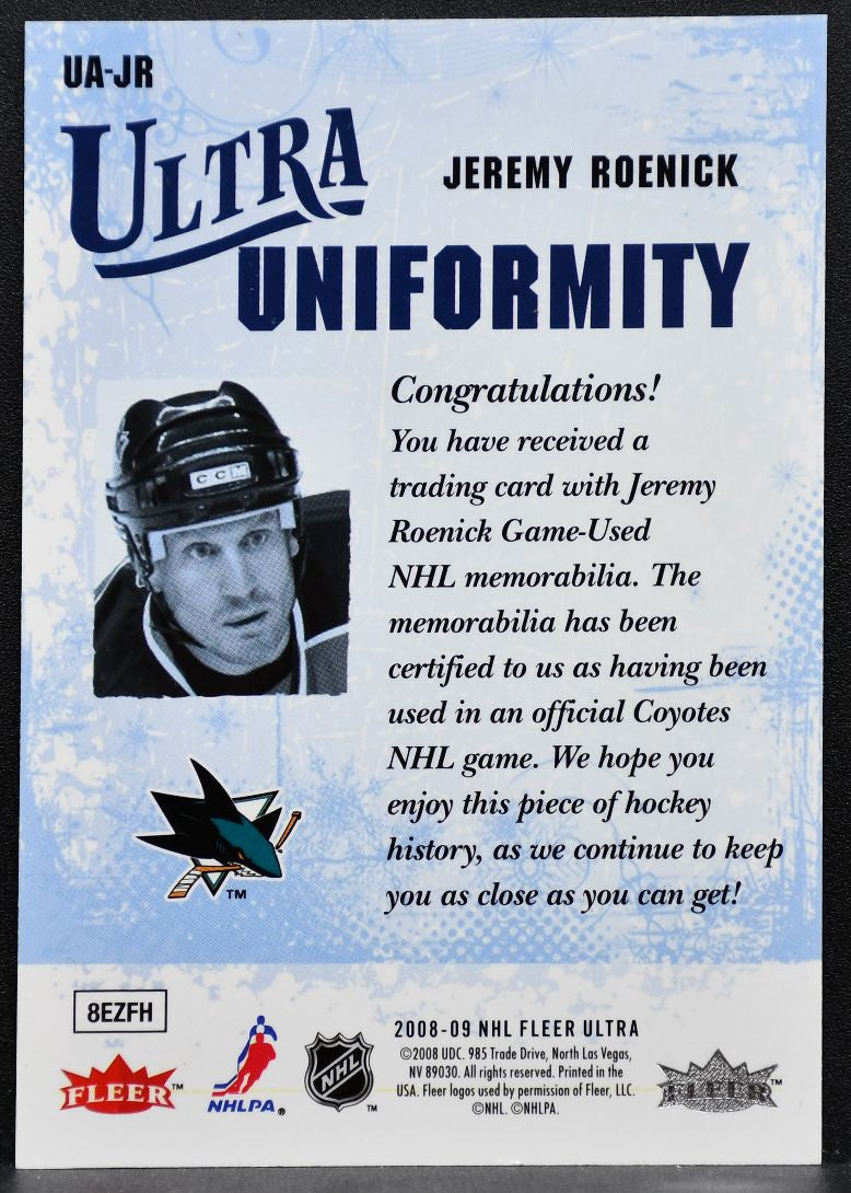 2008-09 Fleer Ultra Uniformity Jeremy Roenick UA-JR San Jose Sharks Jersey 0028