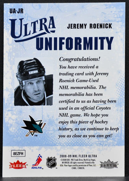 2008-09 Fleer Ultra Uniformity Jeremy Roenick UA-JR San Jose Sharks Jersey 0028