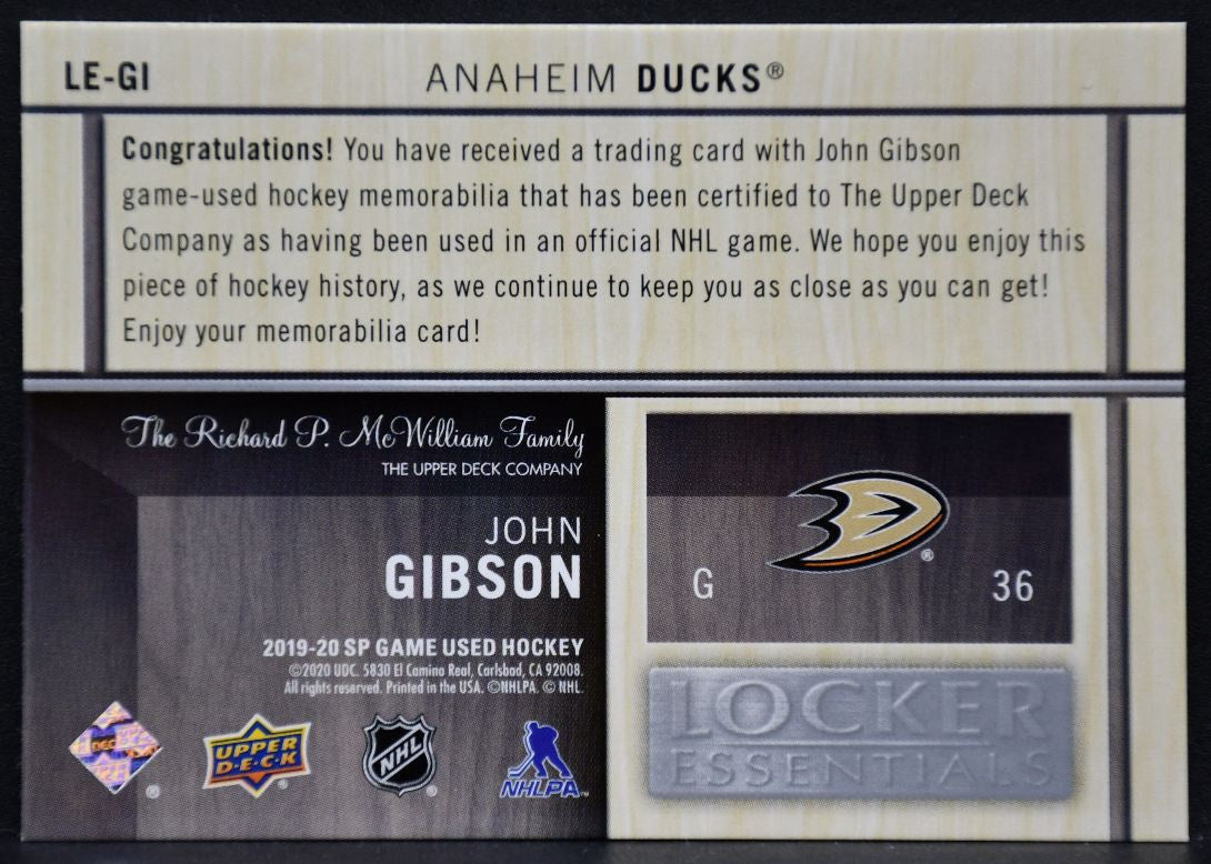 2019-20 SP Game Used Locker Essentials John Gibson LE-GI Anaheim Ducks Jersey 2394