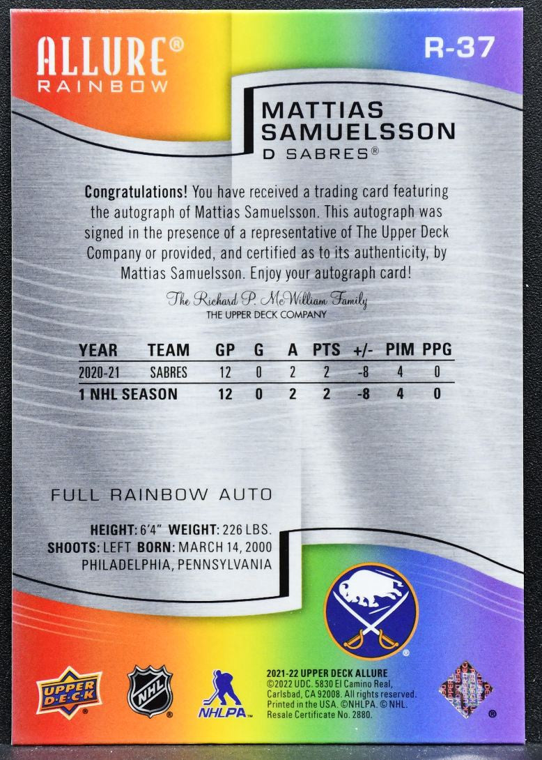 2021-22 UD Allure Color Flow Full Rainbow Auto Samuelsson Sabres Auto 7214