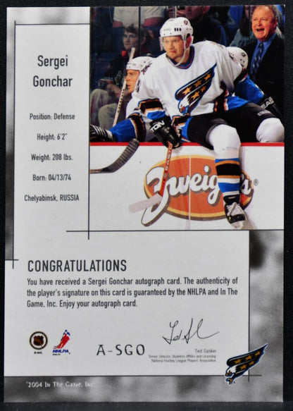 2003-04 In The Game Used Signature Series Auto Gold Sergei Gonchar Auto 3968