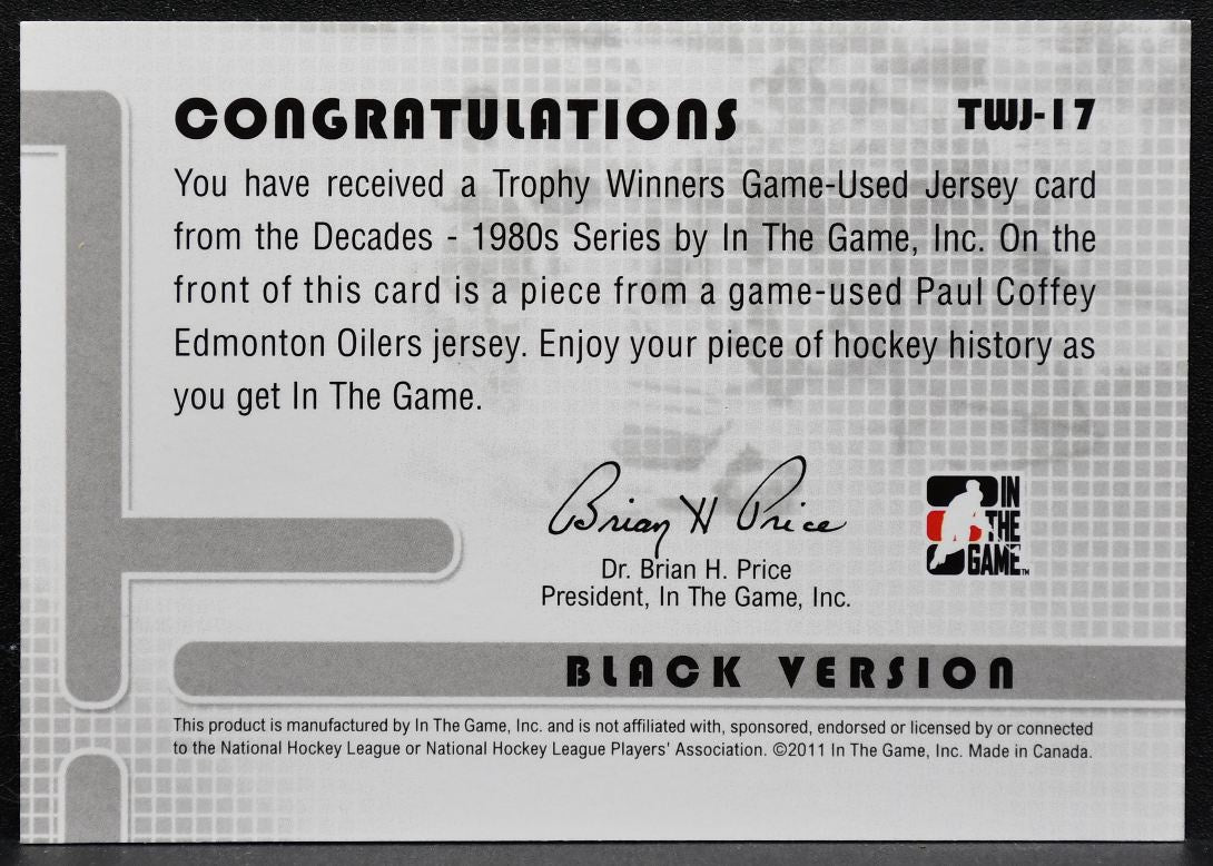 2011-12 ITG Decades 80s Trophy Winners Black Version Coffey Oilers Jersey 5616