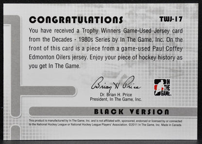 2011-12 ITG Decades 80s Trophy Winners Black Version Coffey Oilers Jersey 5616