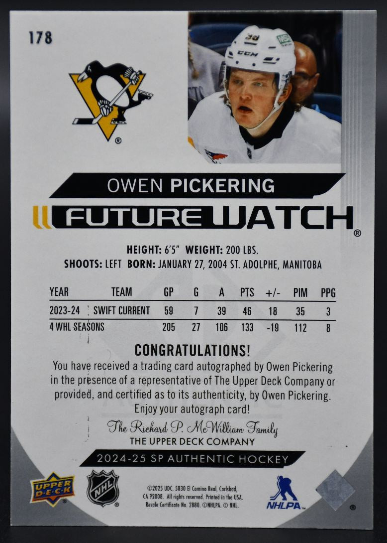 2024-25 SP Authentic Owen Pickering 178 Pittsburgh Penguins RC Auto 150/599