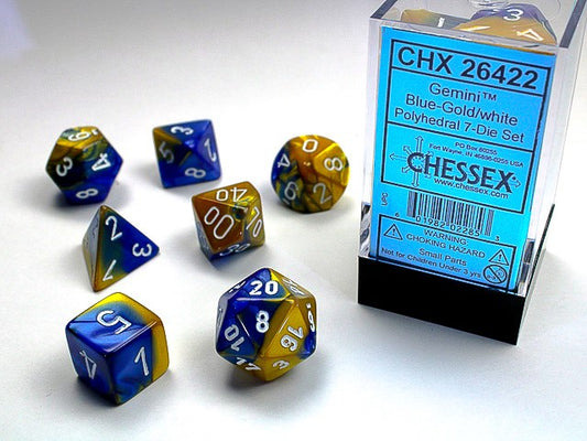 Gemini 7-Die Set Blue-Gold / White Chessex Dice (CHX26422)