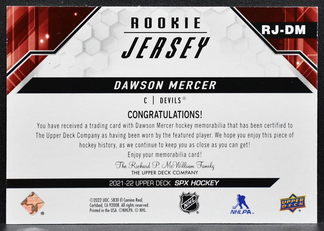 2021-22 SPx Rookie Jersey Dawson Mercer RJ-DM New Jersey Devils RC Jersey 6378