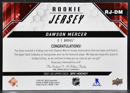 2021-22 SPx Rookie Jersey Dawson Mercer RJ-DM New Jersey Devils RC Jersey 6378
