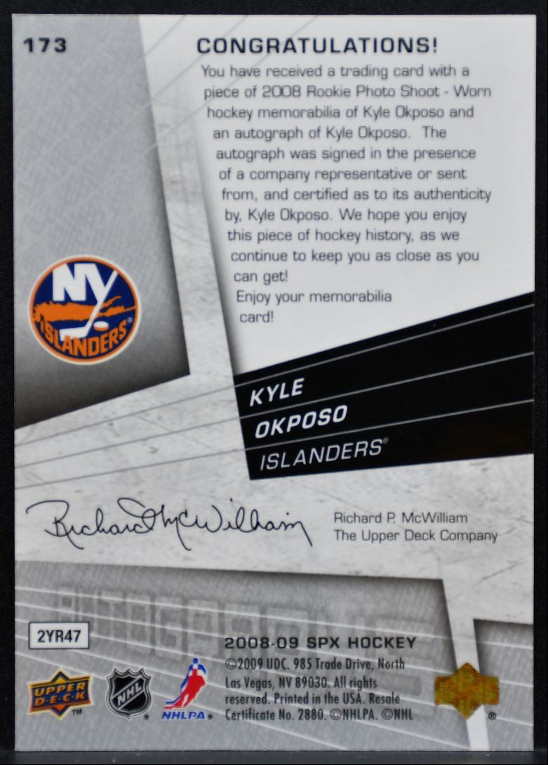 2008-09 SPx Rookies Jersey Auto Kyle Okposo RC Auto 640/999 Jersey 9526