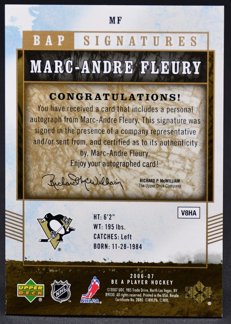 2006-07 UD Be A Player BAP Signature Marc-Andre Fleury MF Auto