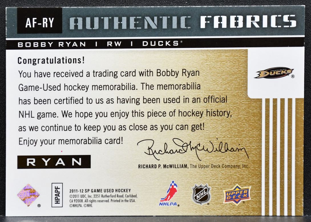 2011-12 SP Game Used Authentic Fabrics Bobby Ryan AF-RY Ducks Jersey 2448