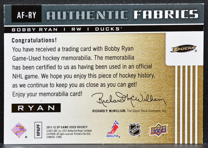 2011-12 SP Game Used Authentic Fabrics Bobby Ryan AF-RY Ducks Jersey 2448