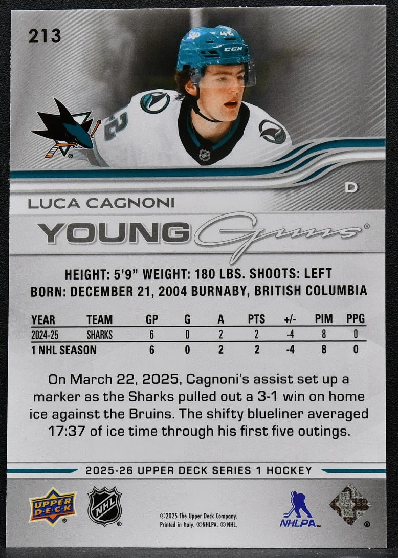 2025-26 Upper Deck Series 1 Young Guns Luca Cagnoni 213 San Jose Sharks RC 7956