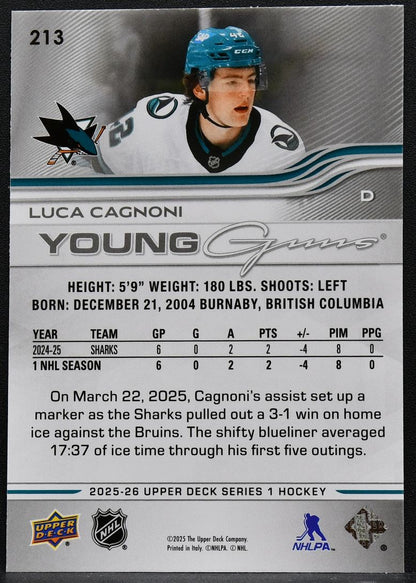 2025-26 Upper Deck Series 1 Young Guns Luca Cagnoni 213 San Jose Sharks RC 7956