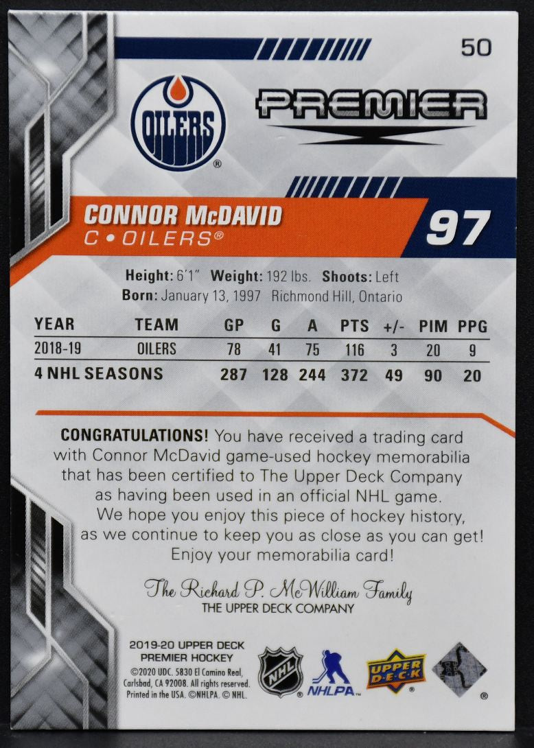 2019-20 UD Premier Patch Connor McDavid 50 Edmonton Oilers 5/5