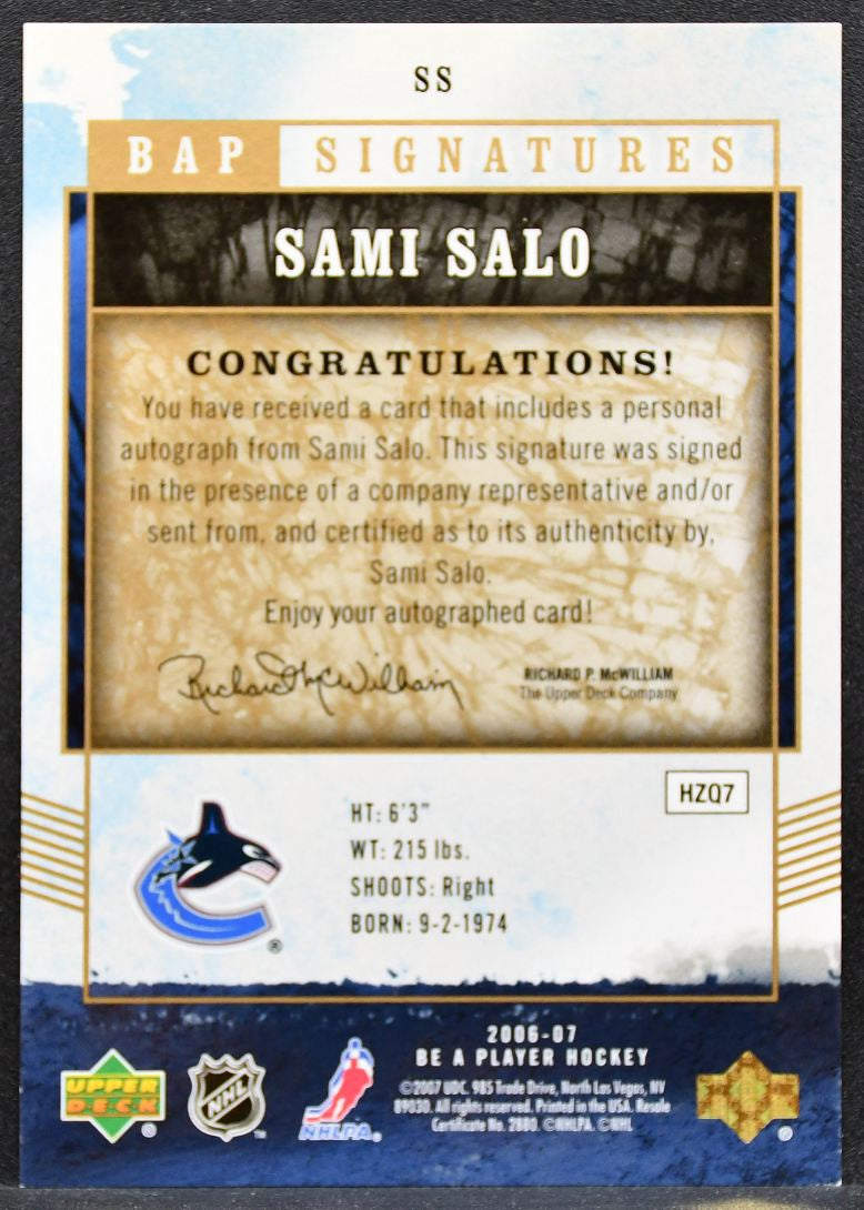 2006-07 Upper Deck Be A Player Signatures Sami Salo SS Canucks Auto 2786