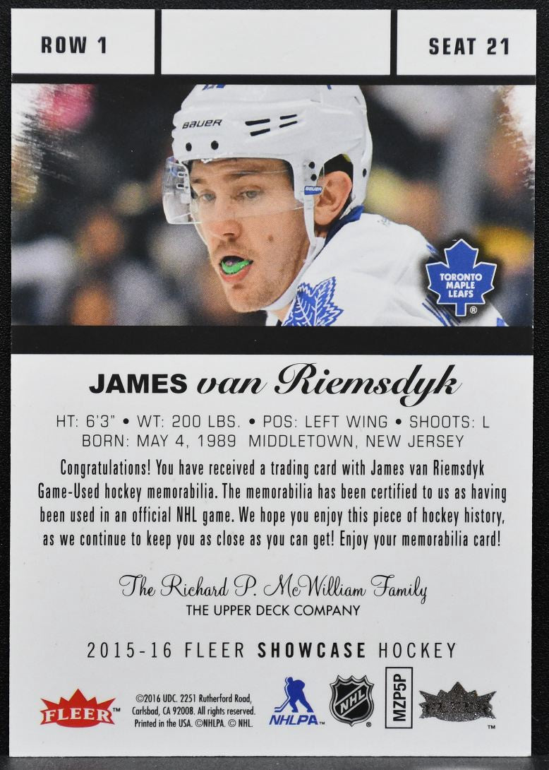 2015-16 Fleer Showcase Flair Jersey James van Riemsdyk Maple Leafs Jersey 4541