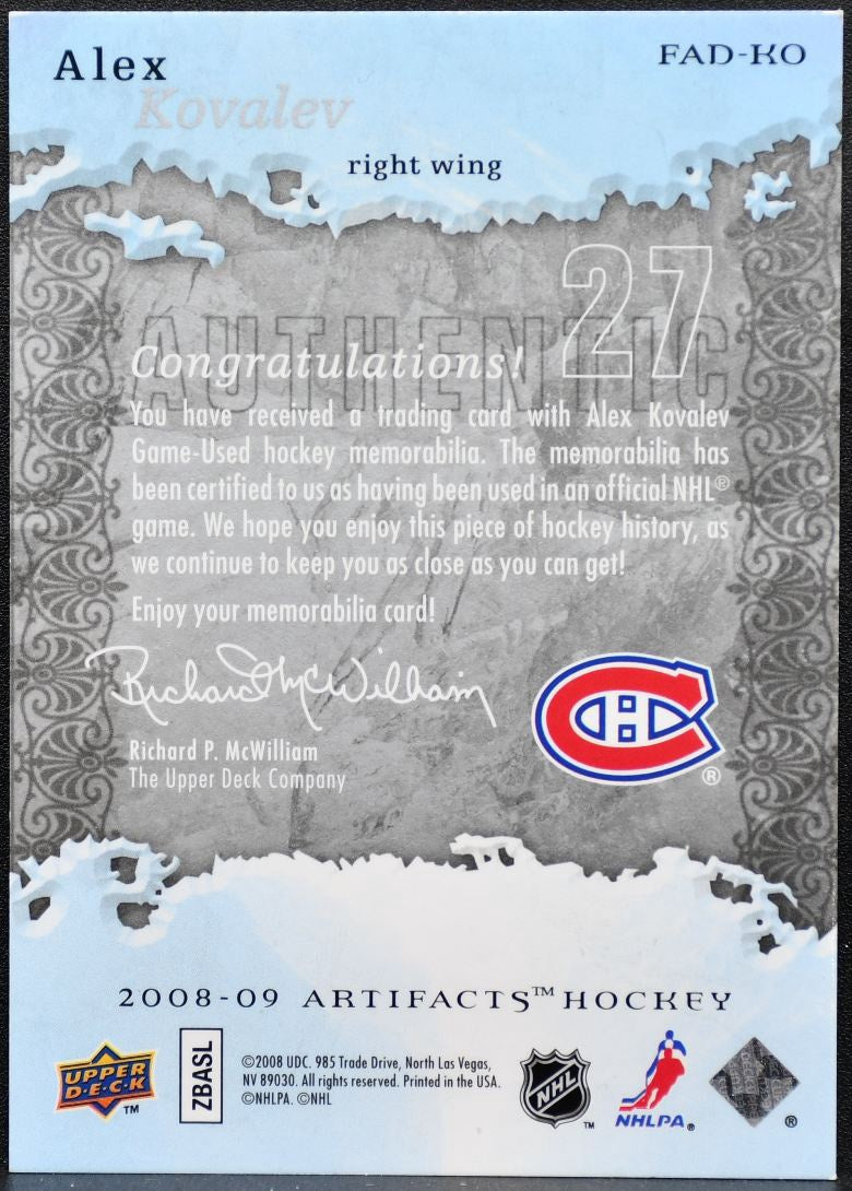 2008-09 UD Artifacts Frozen Dual Silver Alex Kovalev FAD-KO /100 Jersey 0949