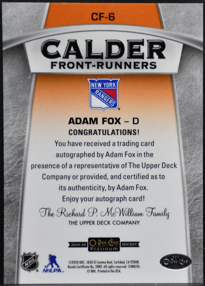 2019-20 O-Pee-Chee Platinum Calder Front-Runners Adam Fox Rangers RC Auto 5899