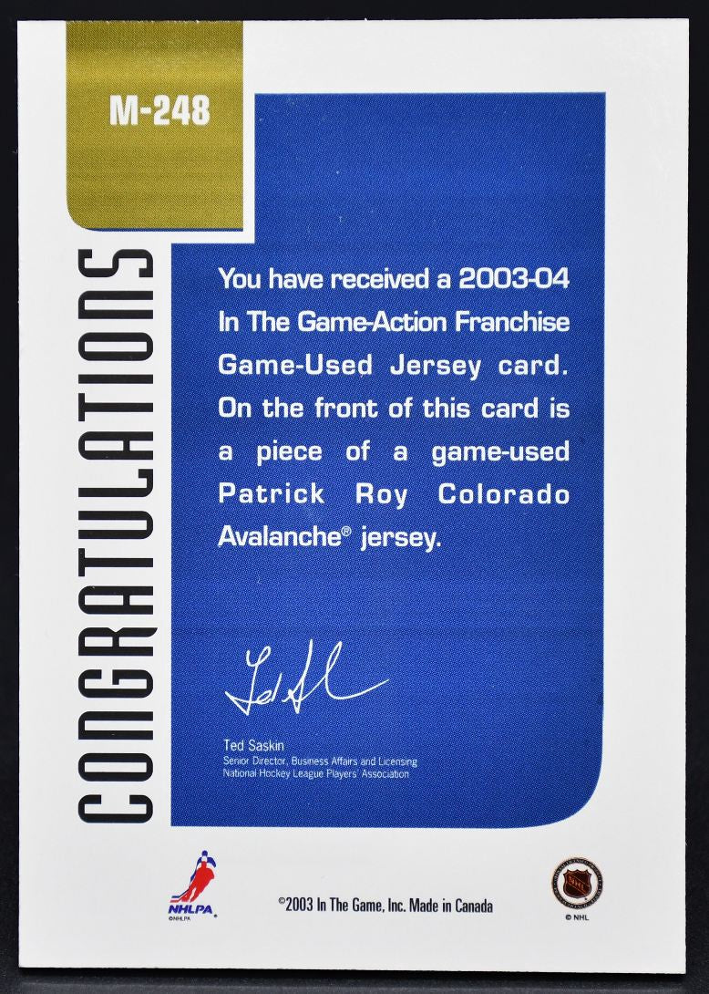 2003-04 In The Game Action Franchise Game-Used Jersey Patrick Roy M-248 Jersey #2