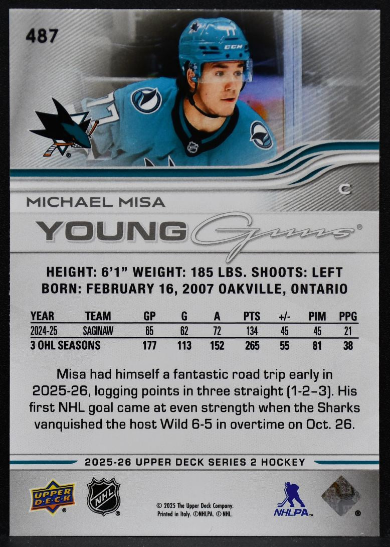 2025-26 Upper Deck Series 2 Young Guns Michael Misa 487 San Jose Sharks RC 5224