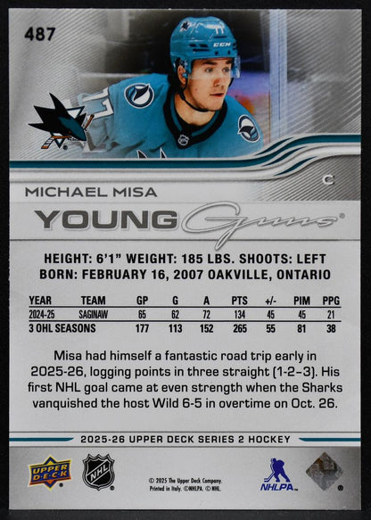 2025-26 Upper Deck Series 2 Young Guns Michael Misa 487 San Jose Sharks RC 5224