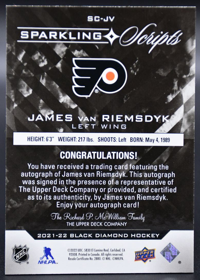 2021-22 UD Black Diamond James van Riemsdyk SC-JV Philadelphia Flyers Auto 24/25