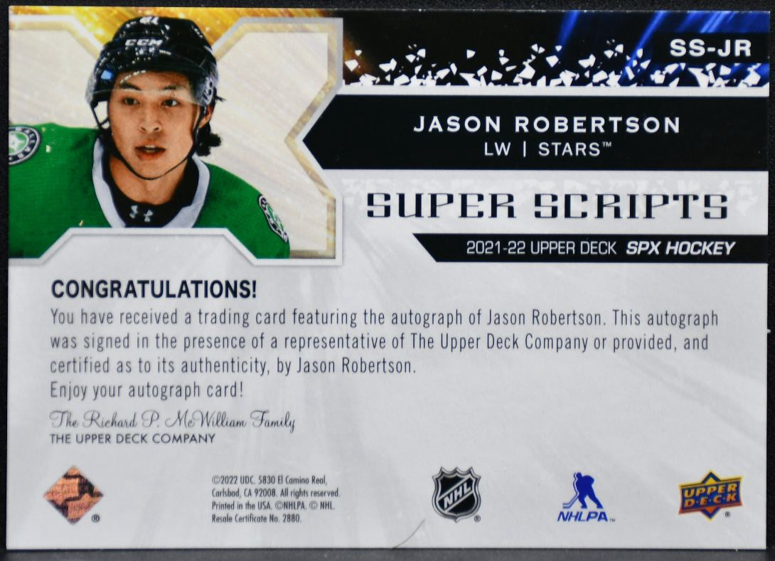 2021-22 SPx Super Scripts Jason Robertson SS-JR Dallas Stars Auto 6001