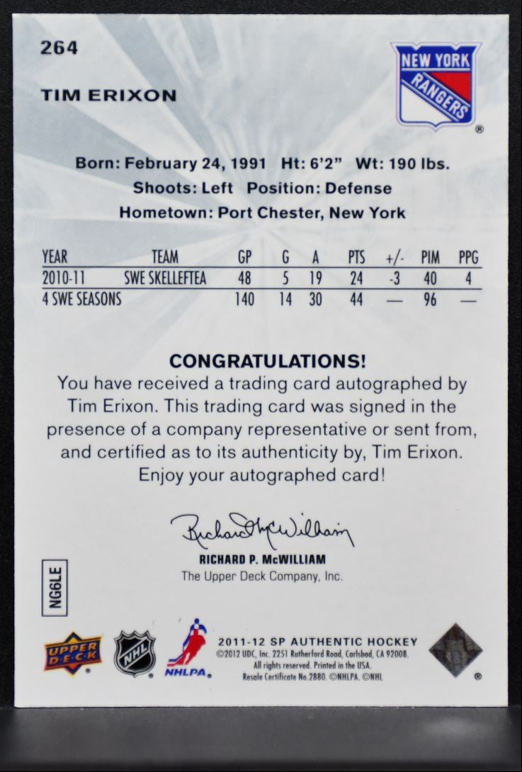 2011-12 SP Authentic Future Watch Auto Tim Erixon Rangers RC Auto 297/999 0123