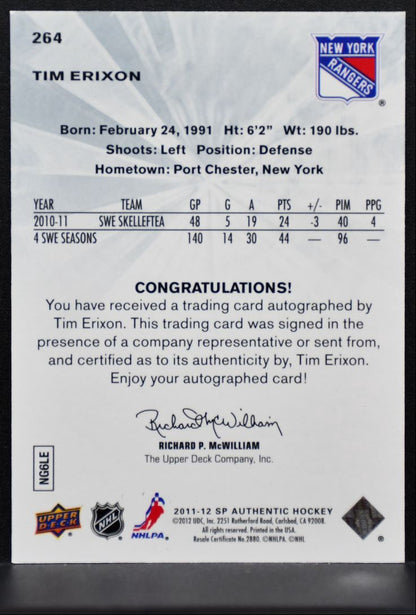 2011-12 SP Authentic Future Watch Auto Tim Erixon Rangers RC Auto 297/999 0123