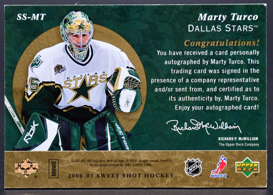 Échantillons de cartes autographiées UD Ice Signature 2006-07 Marty Turco SS-MT Dallas Stars