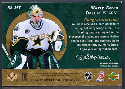 Échantillons de cartes autographiées UD Ice Signature 2006-07 Marty Turco SS-MT Dallas Stars