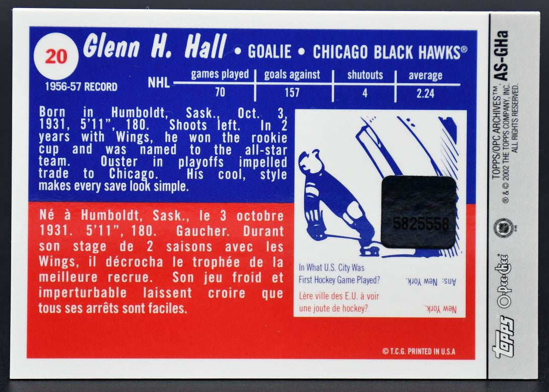 2002-03 Topps OPC Archives Glenn Hall 20 Seat
