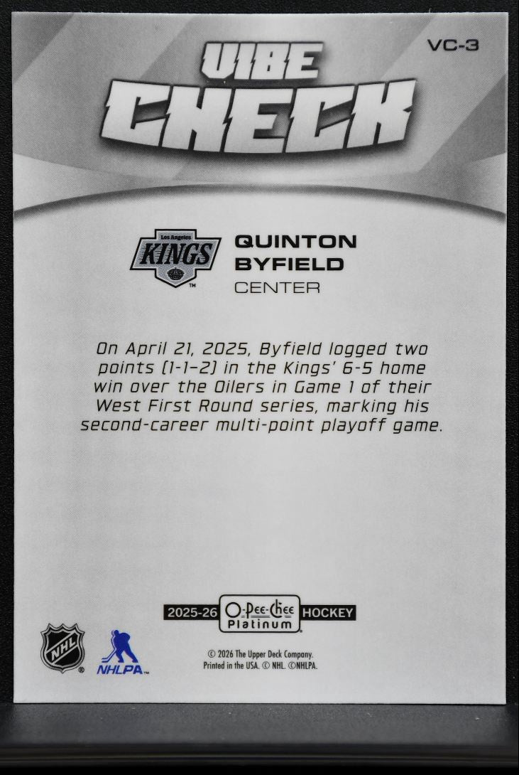 2025-26 O-Pee-Chee Platinum Vibe Check Quinton Byfield Los Angeles Kings 3901