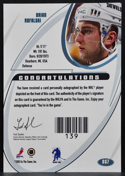 2002-03 In The Game Signature Gold Brian Rafalski 057 Devils Auto 1122