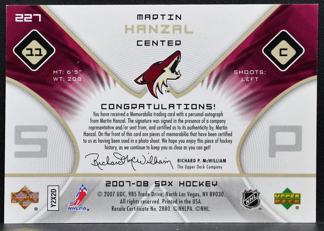2007-08 SPx Rookie Jersey Auto Martin Hanzal 227 Coyotes RC Auto 930/999 0286