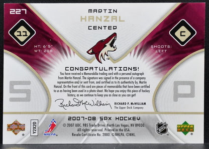 2007-08 SPx Rookie Jersey Auto Martin Hanzal 227 Coyotes RC Auto 930/999 0286