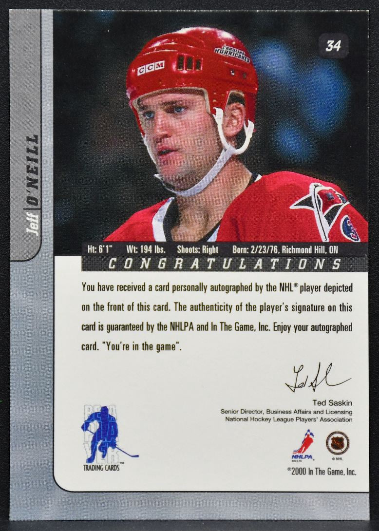 2000-01 In The Game Signature Series Auto Jeff O'Neill 34 Hurricanes Auto 2551