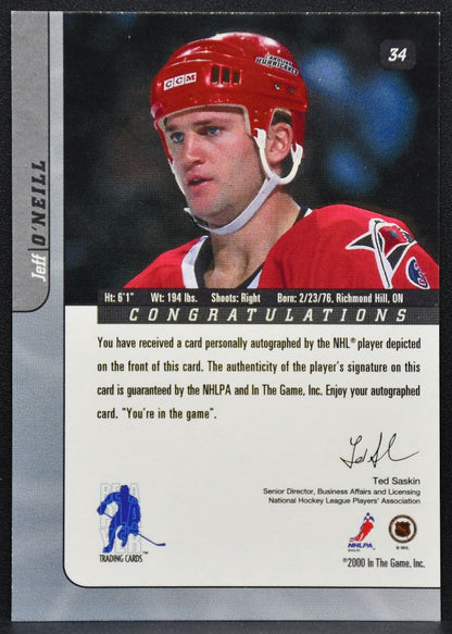 2000-01 In The Game Signature Series Auto Jeff O'Neill 34 Hurricanes Auto 2551