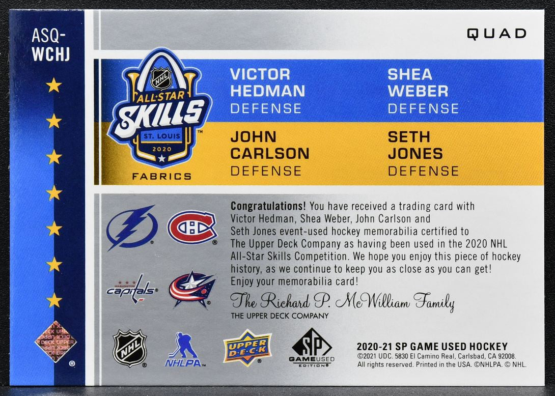2020-21 SP Game Used Quad Fabrics Hedman / Weber / Carlson / Jones Jersey 9255