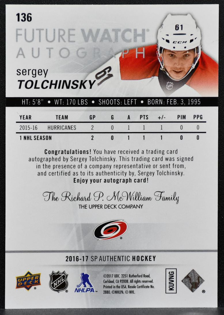 2016-17 SP Authentic Future Watch Auto Sergey Tolchinsky Hurricanes RC Auto 0583
