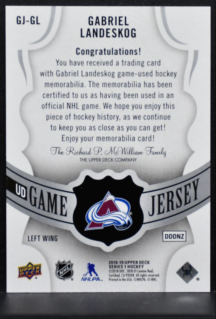 2018-19 UD Series 1 UD Game Jersey Gabriel Landeskog GJ-GL Avalanche Jersey 1045