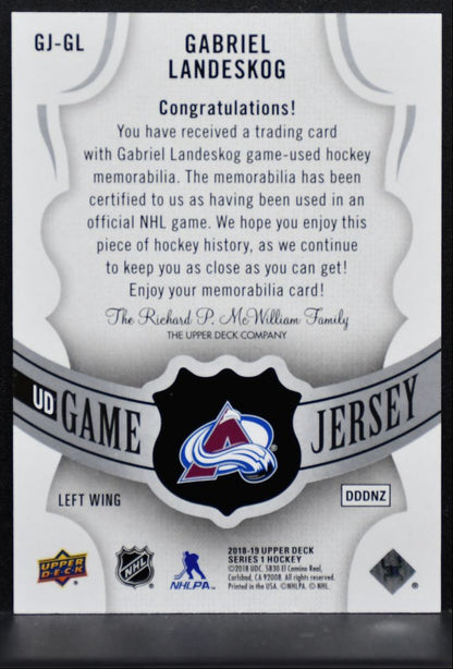 2018-19 UD Series 1 UD Game Jersey Gabriel Landeskog GJ-GL Avalanche Jersey 1045