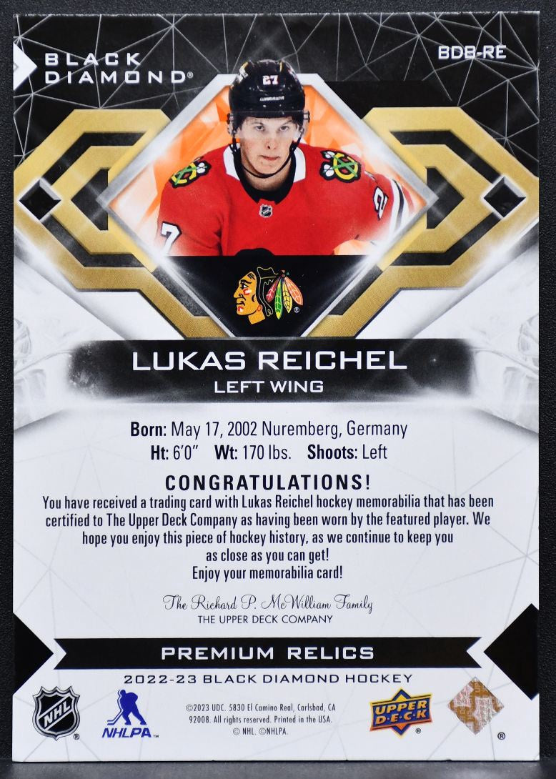 22-23 UD Black Diamond Pure Premium Relics Reichel Chicago Blackhawks RC /25 7611