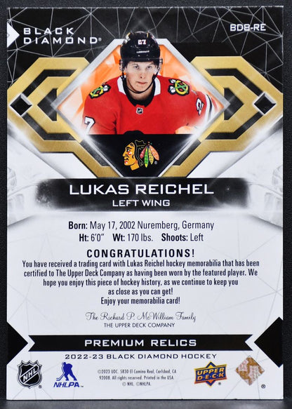 22-23 UD Black Diamond Pure Premium Relics Reichel Chicago Blackhawks RC /25 7611