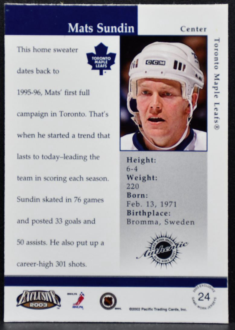 2002-03 Pacific Exclusive Jerseys Mats Sundin 24 Toronto Maple Leafs Jersey 4446
