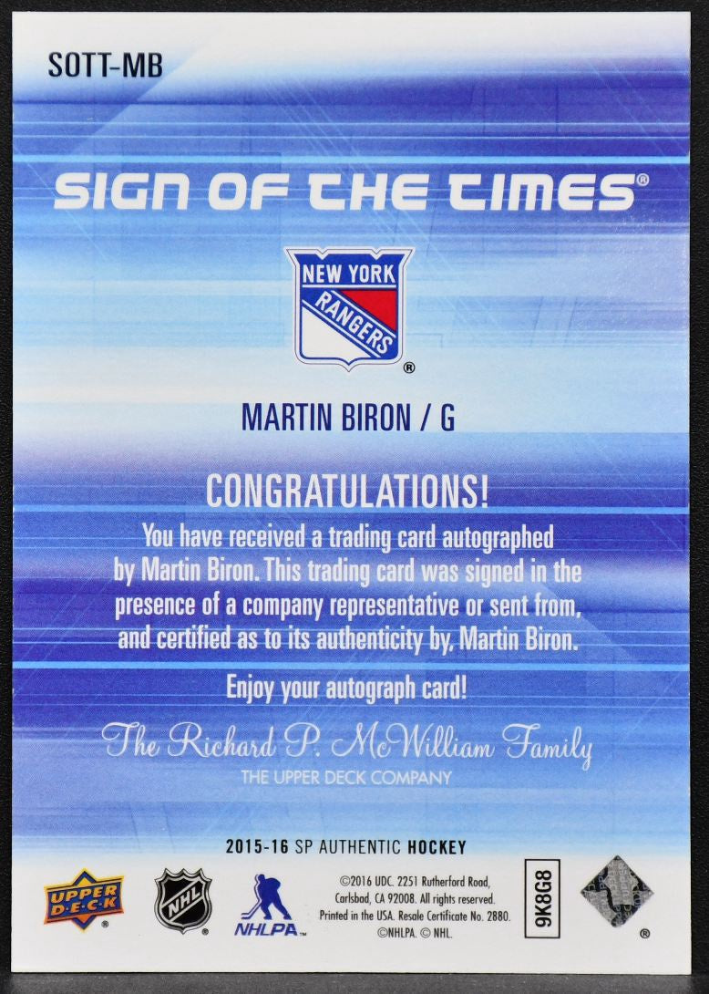 2015-16 SP Authentic Sign of the Times Martin Biron SOTT-MB New York Rangers