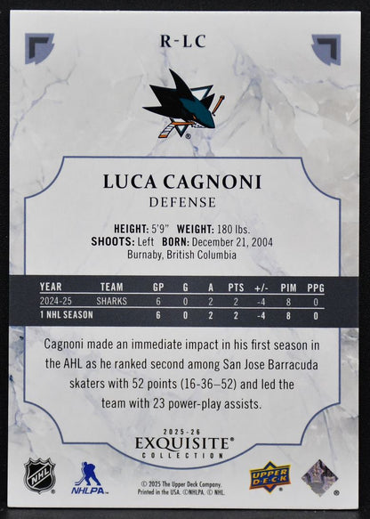 2025-26 UD Exquisite Collection RCs Luca Cagnoni R-LC San Jose Sharks RC 202/399 2418