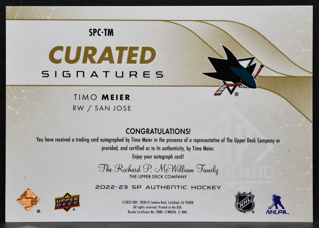 2022-23 SP Authentic Curated Signatures Timo Meier Sharks Auto 109/199 2249
